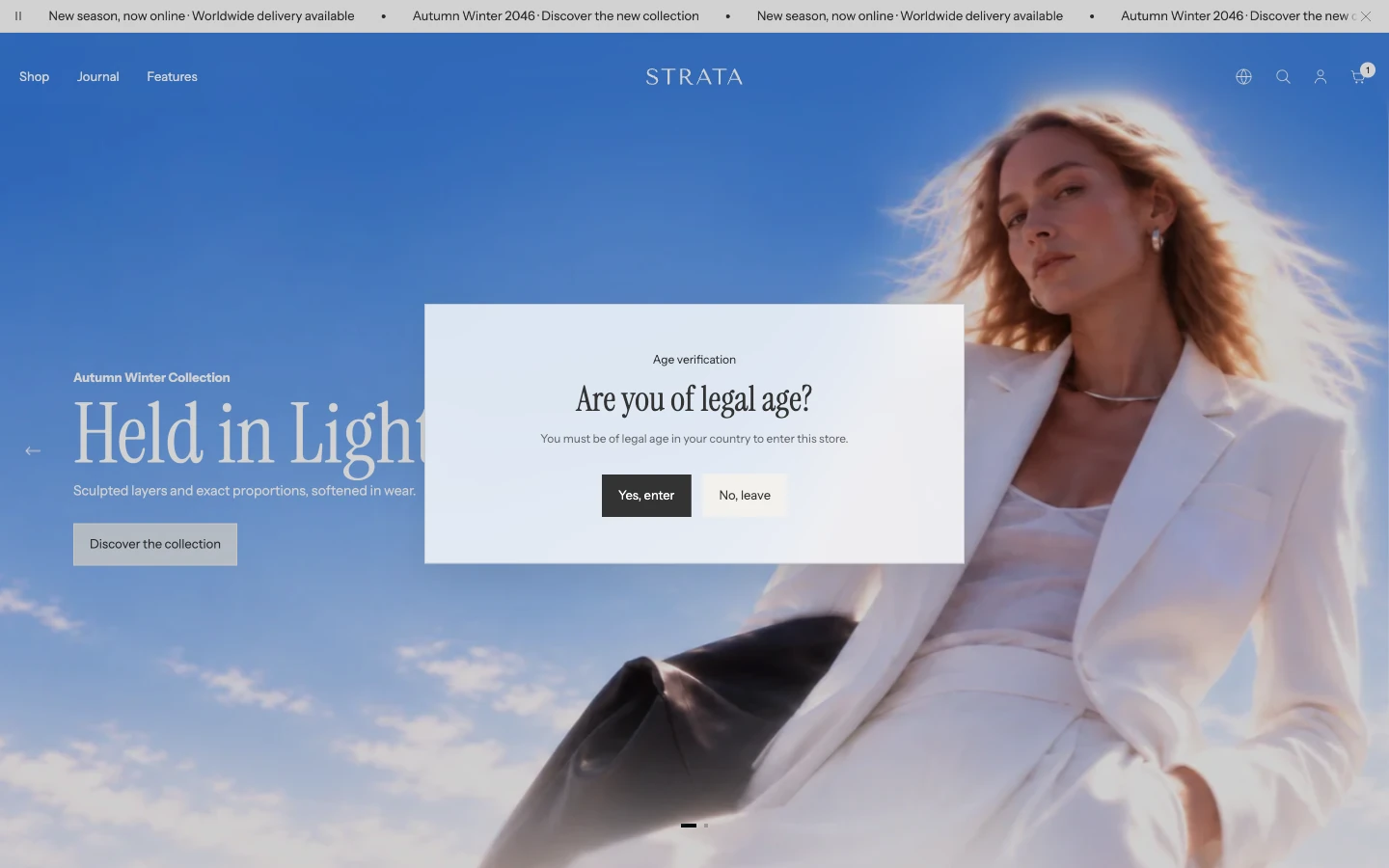 An age verification window centered over the home page, asking Are you of legal age? with Yes, enter and No, leave buttons.
