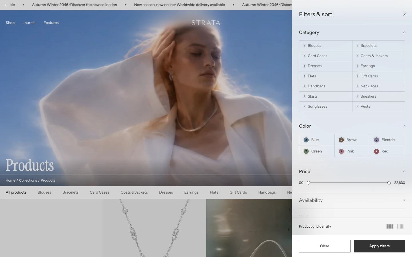 The Filters & sort drawer open over a collection page, with category shortcuts visible above the product grid.