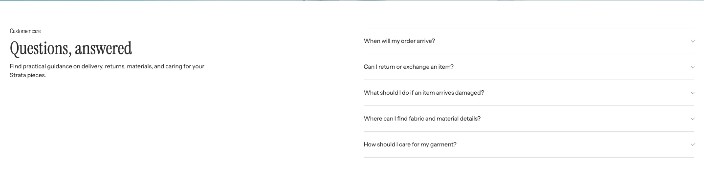 FAQ section with a heading and short introduction on the left and five collapsed questions on the right.