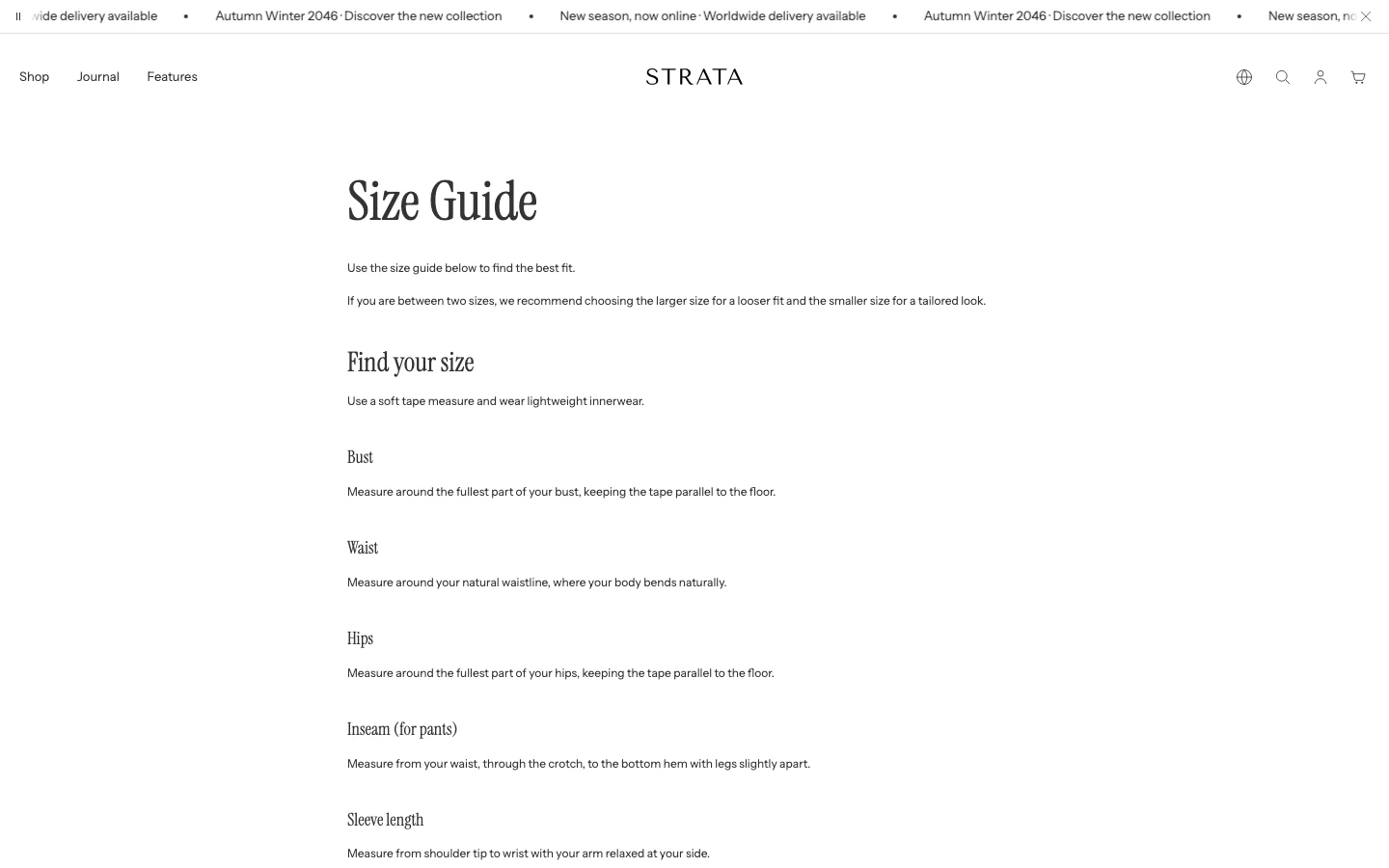 A Size Guide page showing the page title and page content with headings and measuring instructions.