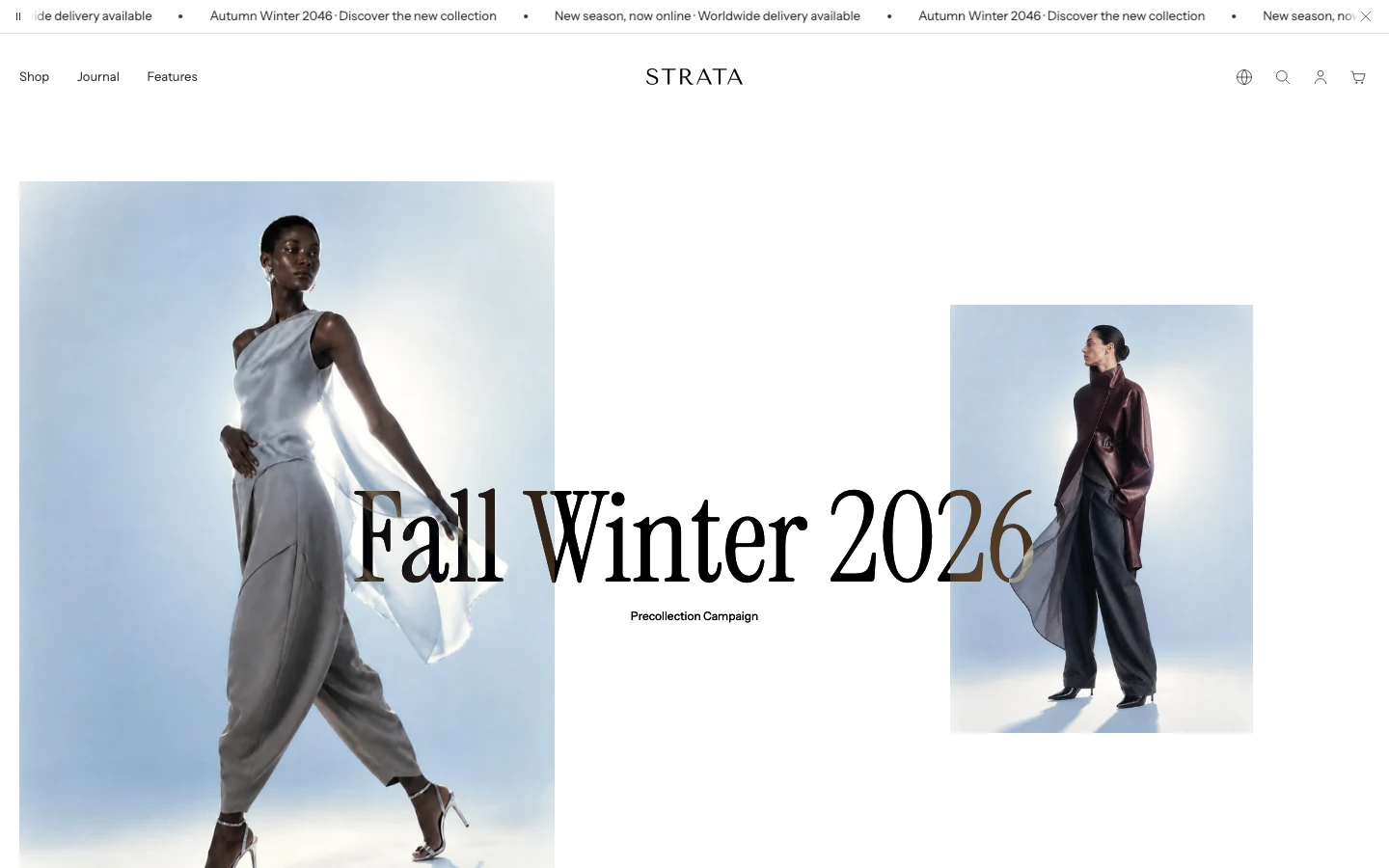Parallax waterfall at the top of the Lookbook page, with the large sticky title Fall Winter 2026 over two staggered fashion images.