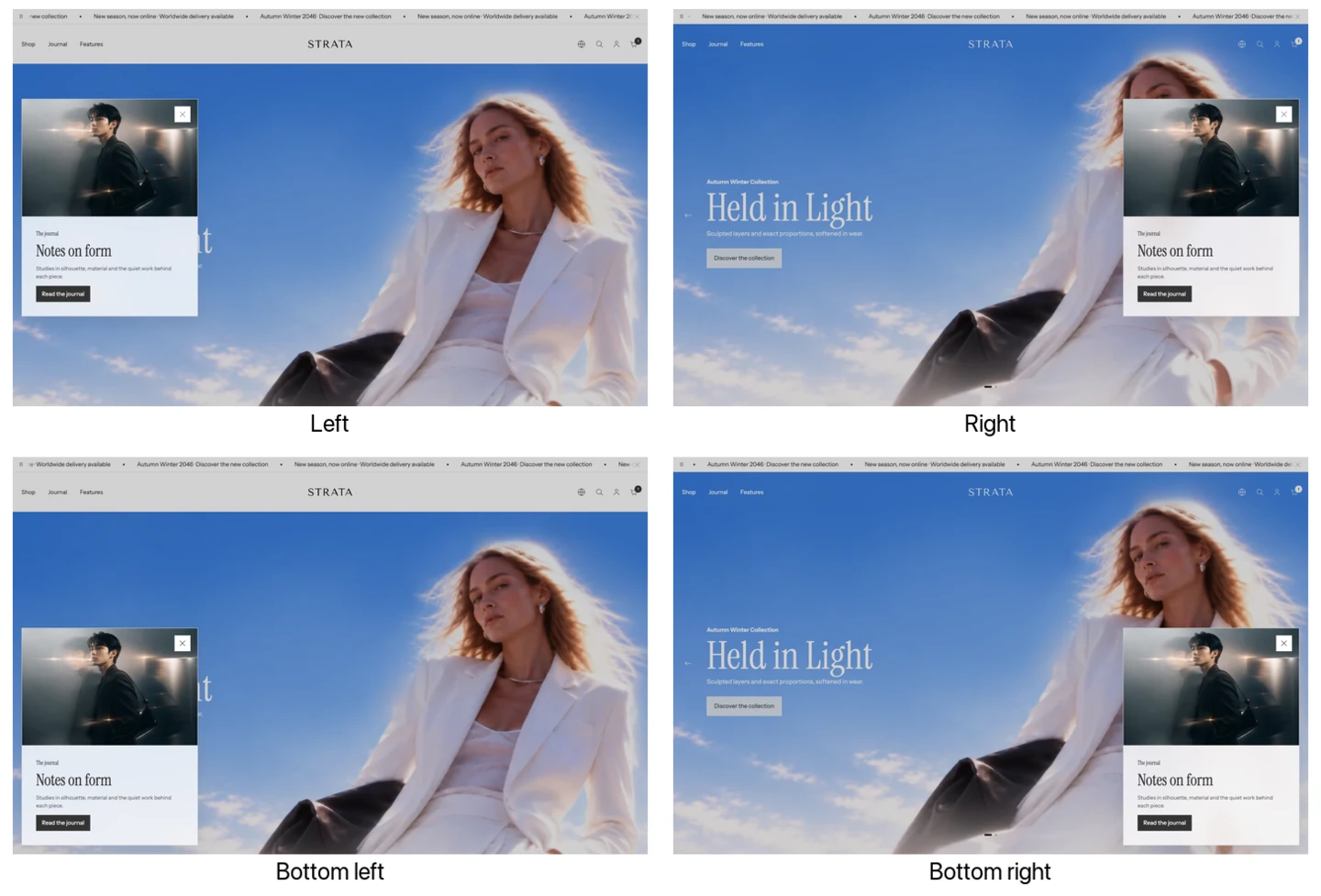 Four screenshots of the same popup placed at the left middle, right middle, bottom left, and bottom right of the page.