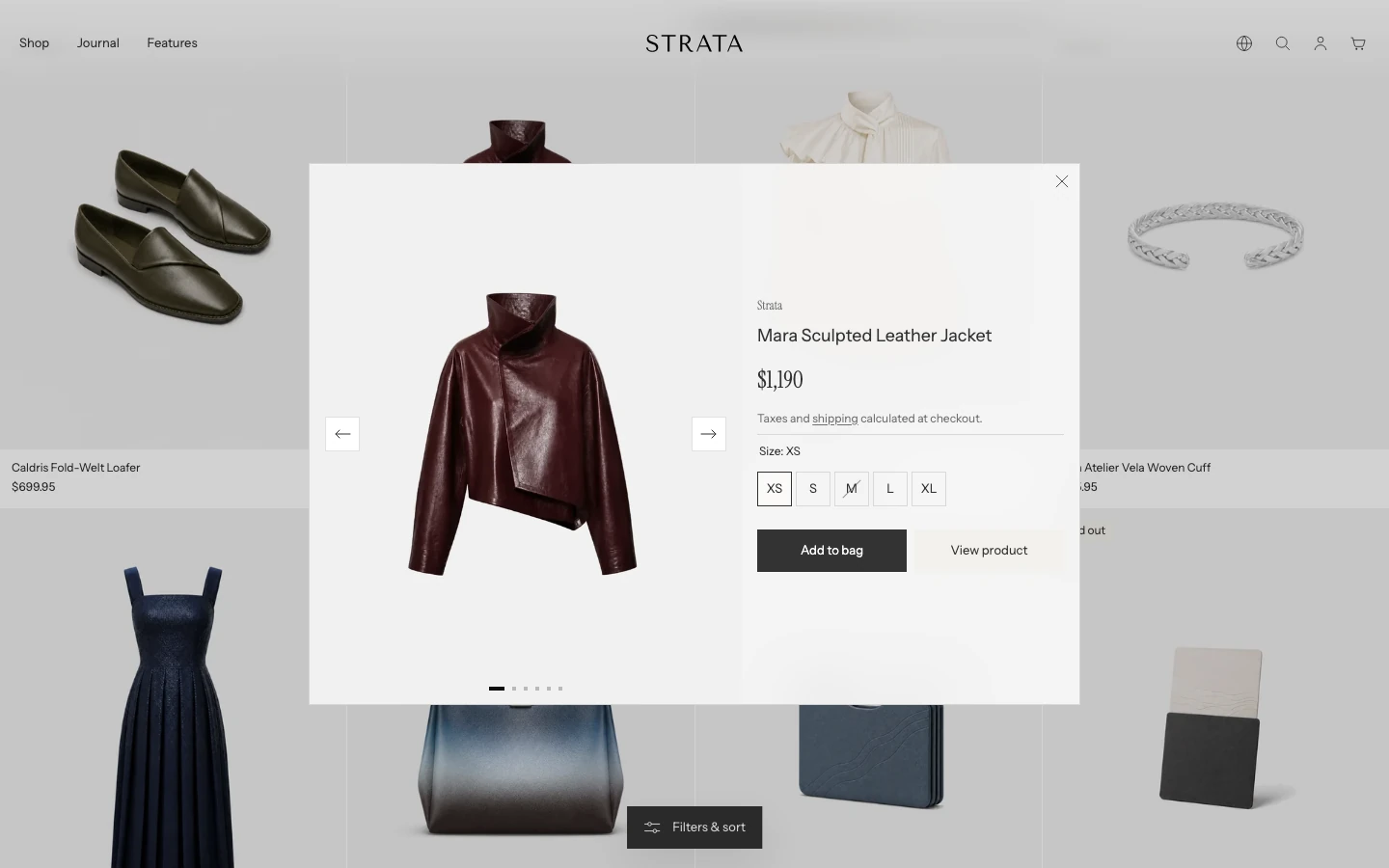 A quick view window with the product image, price, size buttons, Add to bag, and View product.
