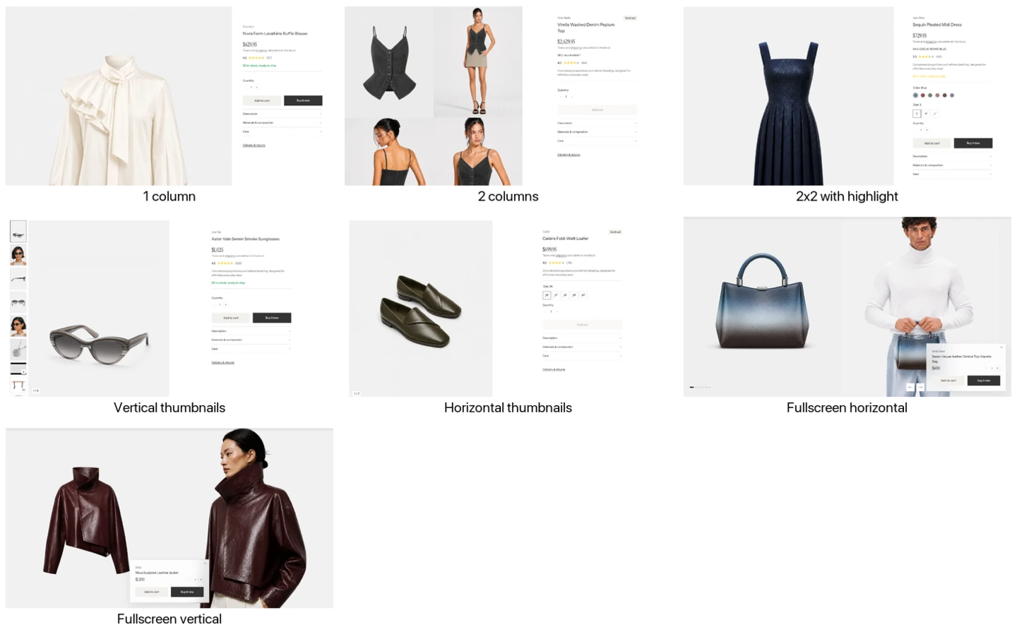Seven product page layouts shown as thumbnails: 1 column, 2 columns, 2x2 with highlight, Vertical thumbnails, Horizontal thumbnails, Fullscreen horizontal, and Fullscreen vertical.