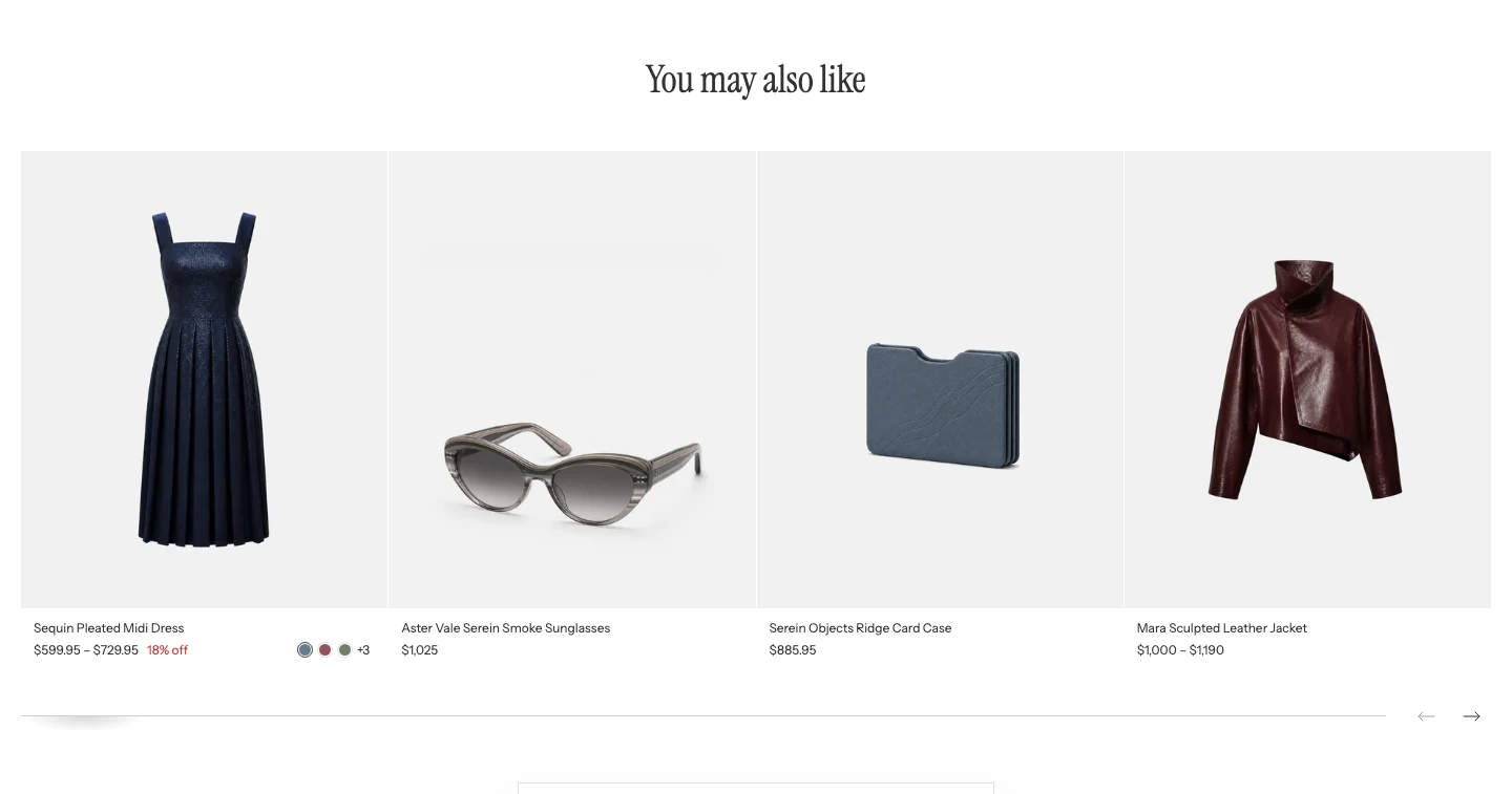 Product recommendations with the centered heading You may also like and four product cards, with a progress line and arrows below.