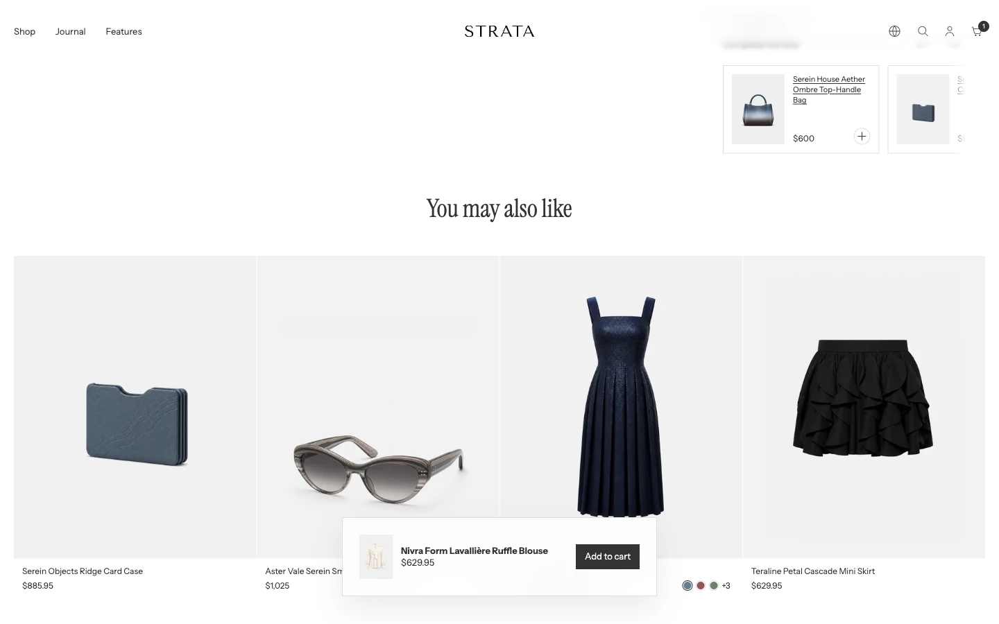 A small bar at the bottom center of the screen with the product thumbnail, name, price, and an Add to cart button, shown while the shopper browses recommendations further down the product page.
