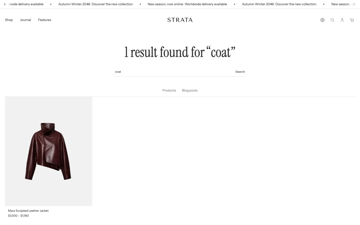 Search results for coat with the heading 1 result found for “coat”, a search field, Products and Blog posts tabs, and one product card.