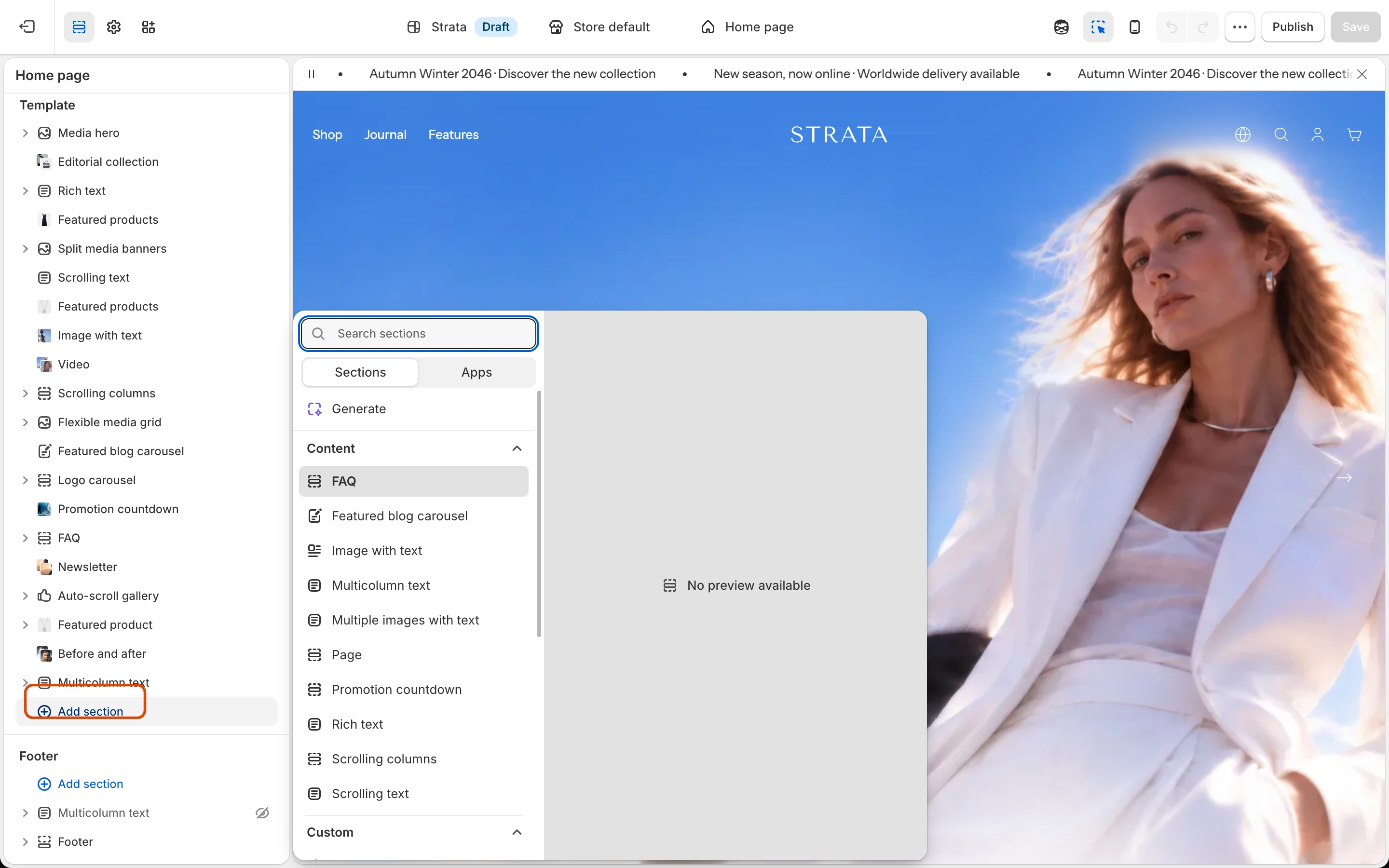 The Add section picker open beside the sidebar, with a search field and a list of Content sections such as FAQ, Featured blog carousel, and Image with text.