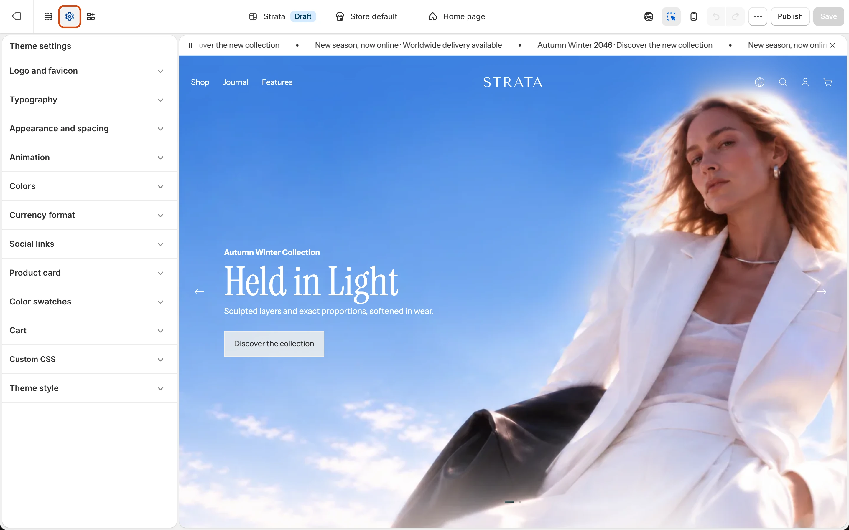 The Theme settings panel listing Logo and favicon, Typography, Appearance and spacing, Animation, Colors, Currency format, Social links, Product card, Color swatches, Cart, Custom CSS, and Theme style.