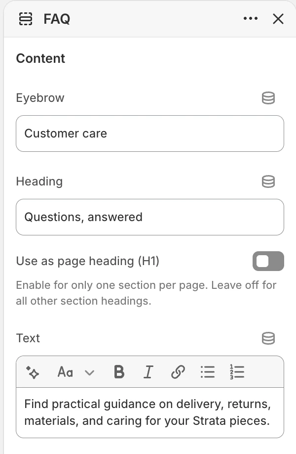 FAQ Content settings in the Theme Editor: Eyebrow, Heading, Use as page heading (H1), Text.