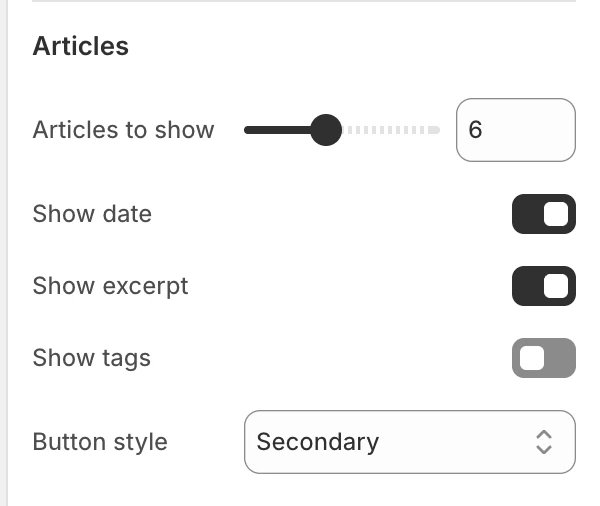 Featured blog carousel Articles settings in the Theme Editor: Articles to show, Show date, Show excerpt, Show tags, Button style.