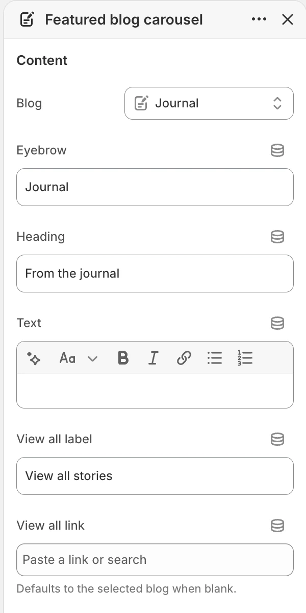 Featured blog carousel Content settings in the Theme Editor: Blog, Eyebrow, Heading, Text, View all label, View all link.