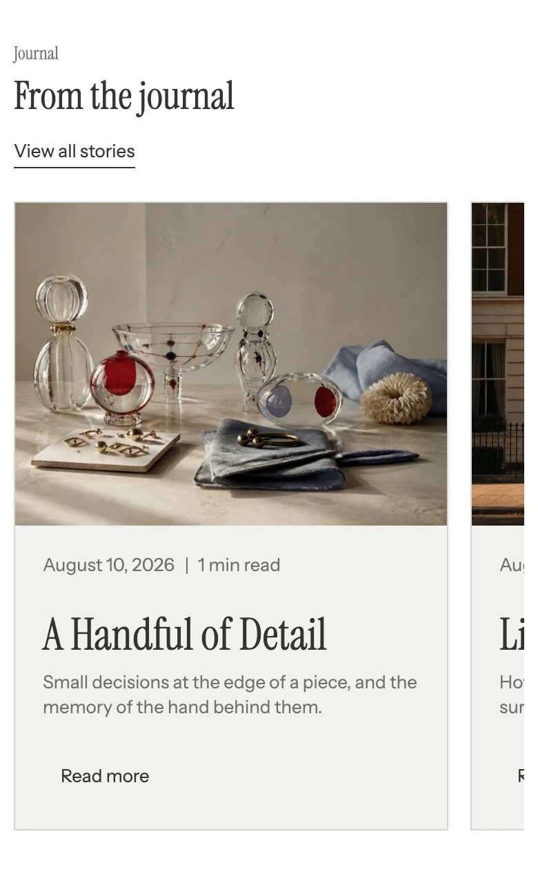 Featured blog carousel on mobile with one article card in view and the next card peeking in from the right.