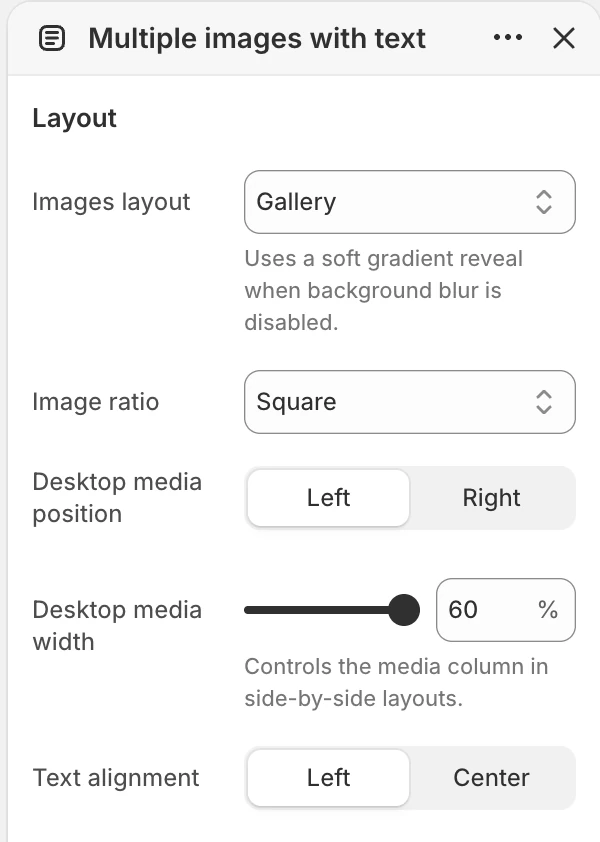 Multiple images with text Layout settings in the Theme Editor: Images layout, Image ratio, Desktop media position, Desktop media width, Text alignment.