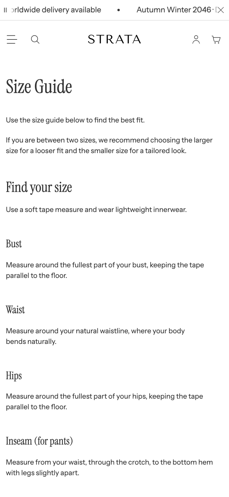 The Size Guide page on mobile with the title and instructions in one column.
