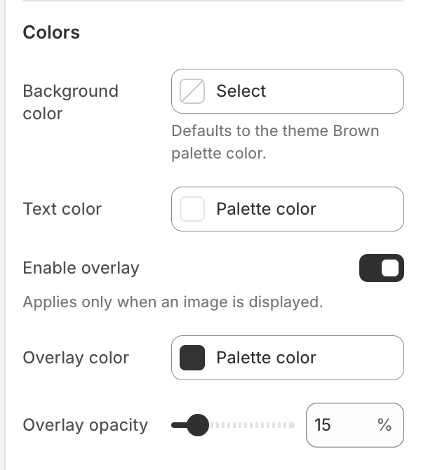 Promotion countdown Colors settings in the Theme Editor: Background color, Text color, Enable overlay, Overlay color, Overlay opacity.