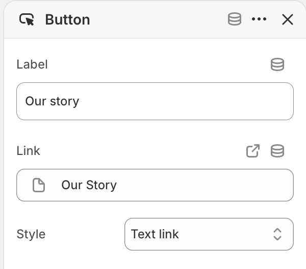 Button block settings in the Theme Editor: Label, Link, Style.