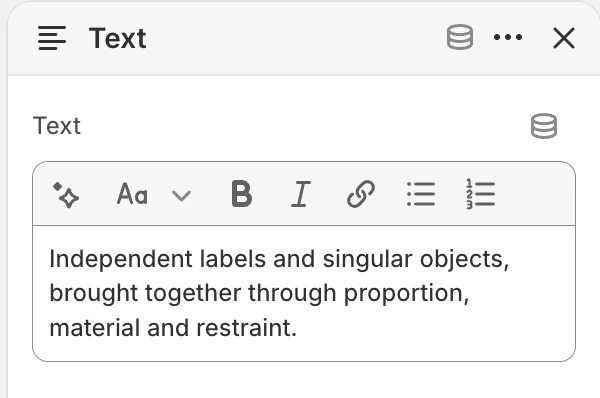 Text block settings in the Theme Editor: Text.