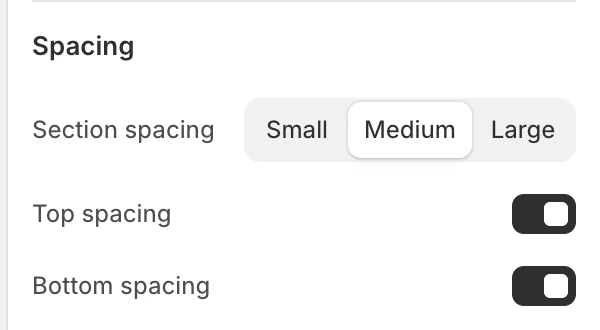 Custom liquid Spacing settings in the Theme Editor: Section spacing, Top spacing, Bottom spacing.
