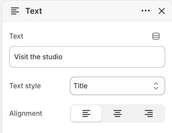 Text block settings in the Theme Editor: Text, Text style, Alignment.