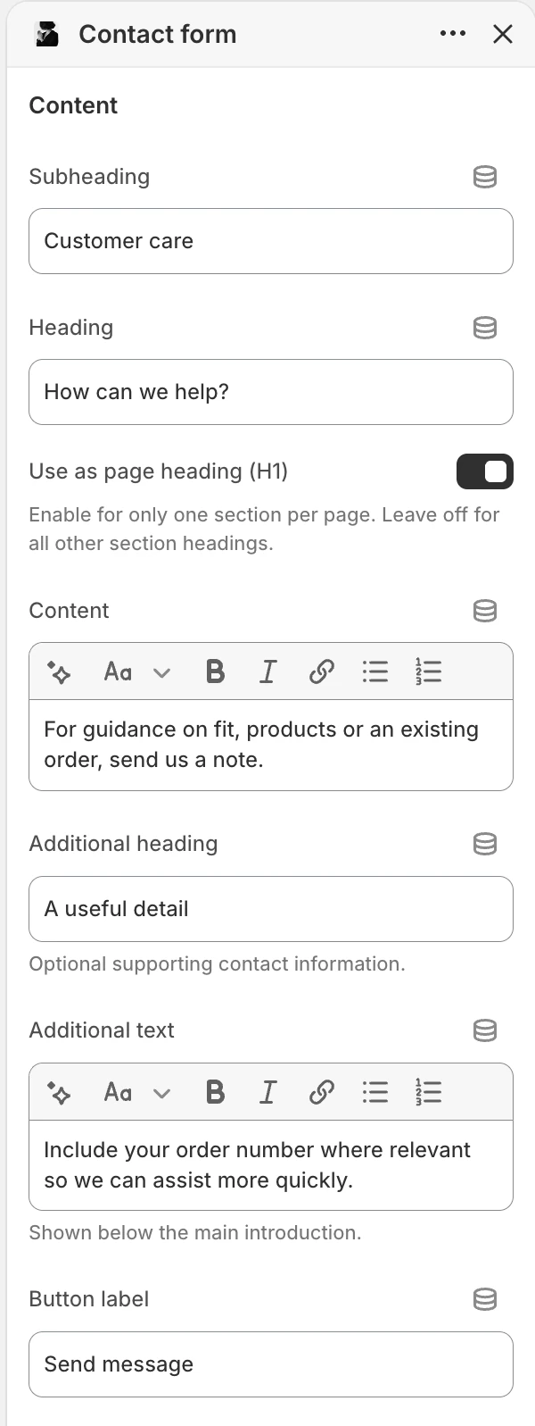 Contact form Content settings in the Theme Editor: Subheading, Heading, Use as page heading (H1), Content, Additional heading, Additional text, Button label.