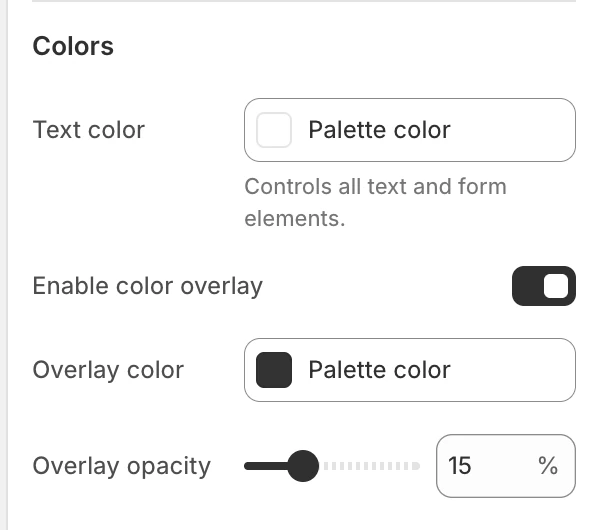 Newsletter Colors settings in the Theme Editor: Background color, Text color, Enable color overlay, Overlay color, Overlay opacity.