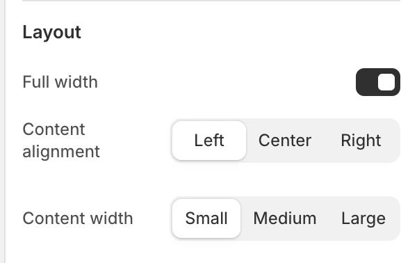 Newsletter Layout settings in the Theme Editor: Full width, Content alignment, Content width.