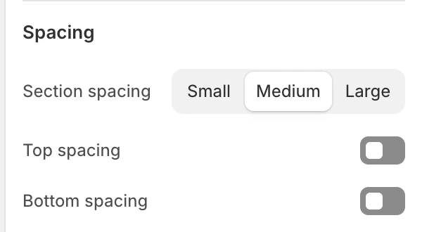 Newsletter Spacing settings in the Theme Editor: Section spacing, Top spacing, Bottom spacing.