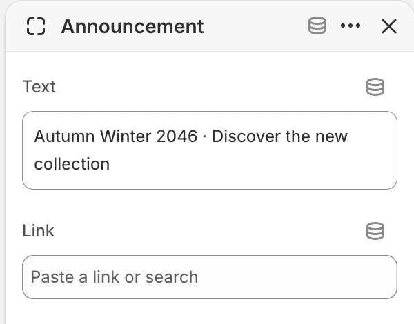 Announcement block settings in the Theme Editor: Text, Link.