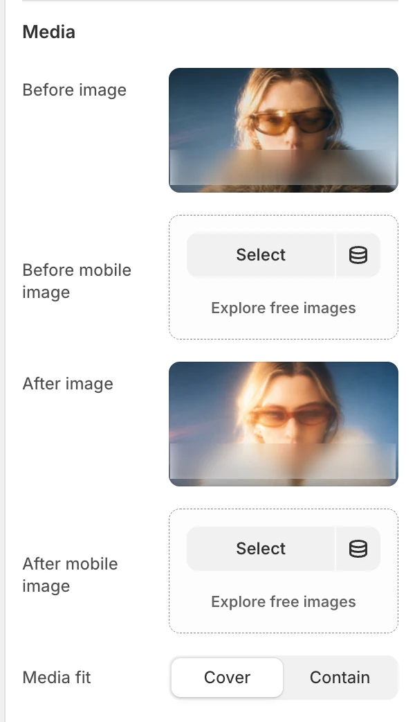 Before and after Media settings in the Theme Editor: Before image, Before mobile image, After image, After mobile image, Media fit.