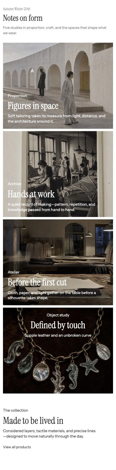 The same four image cards and text card stacked in one column on mobile.