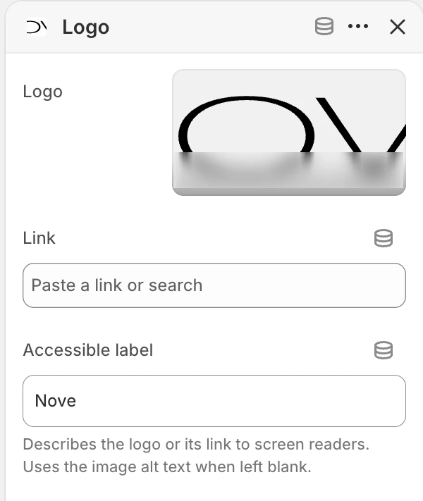 Logo block settings in the Theme Editor: Logo, Link, Accessible label.