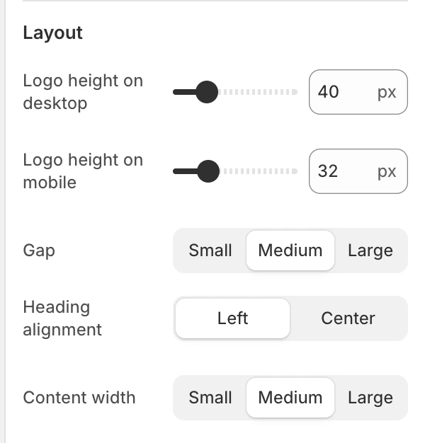 Logo carousel Layout settings in the Theme Editor: Logo height on desktop, Logo height on mobile, Gap, Heading alignment, Content width.