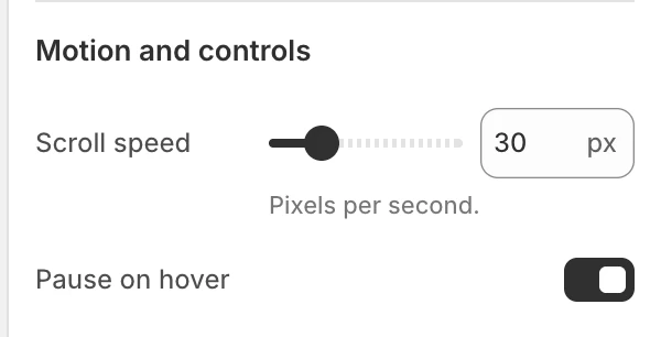Logo carousel Motion and controls settings in the Theme Editor: Scroll speed, Pause on hover.
