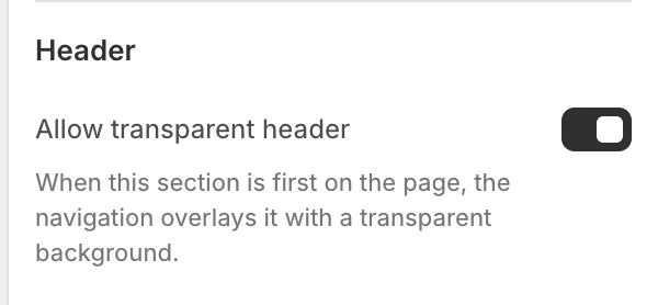 Media hero Header settings in the Theme Editor: Allow transparent header.