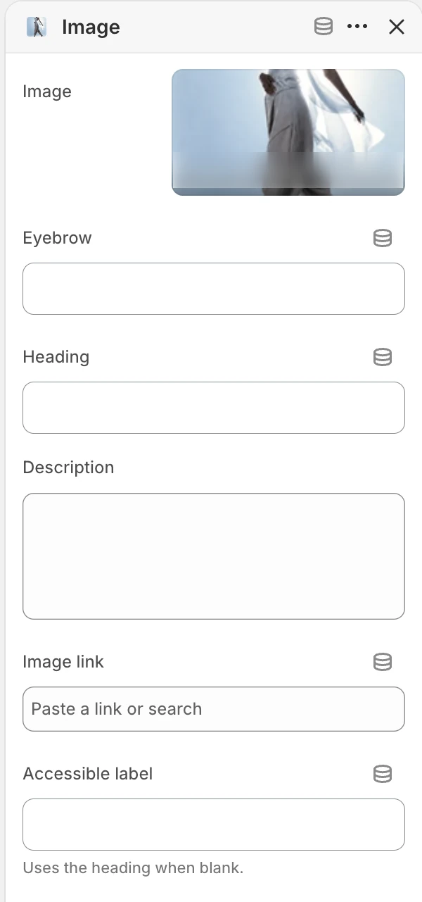 Image block settings in the Theme Editor: Image, Eyebrow, Heading, Description, Image link, Accessible label.