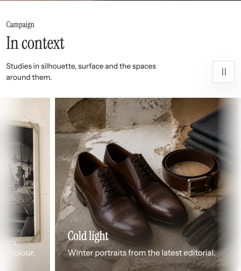 Auto-scroll gallery on mobile with one large card in view and neighboring cards at the edges.