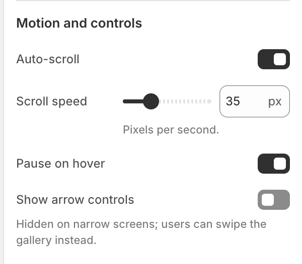 Auto-scroll gallery Motion and controls settings in the Theme Editor: Auto-scroll, Scroll speed, Pause on hover, Show arrow controls.