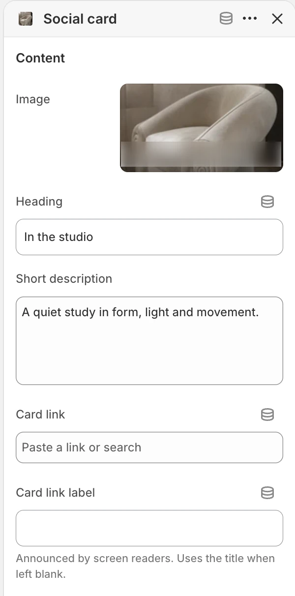 Social card block settings in the Theme Editor: Image, Heading, Short description, Card link, Card link label.