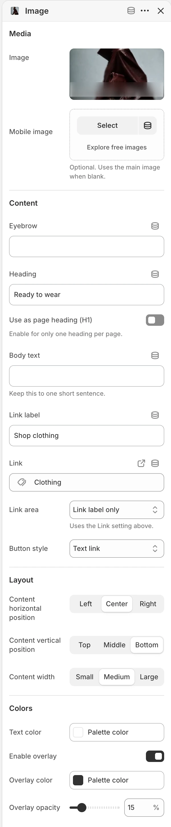 Image block settings in the Theme Editor: Image, Mobile image, Eyebrow, Heading, Use as page heading (H1), Body text, Link label, Link.