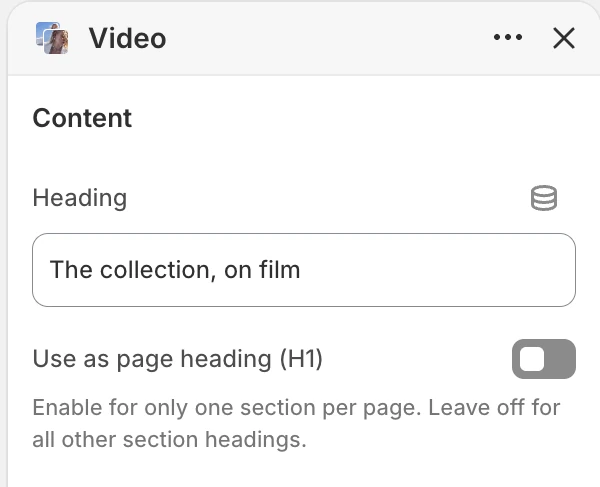 Video Content settings in the Theme Editor: Heading, Use as page heading (H1).