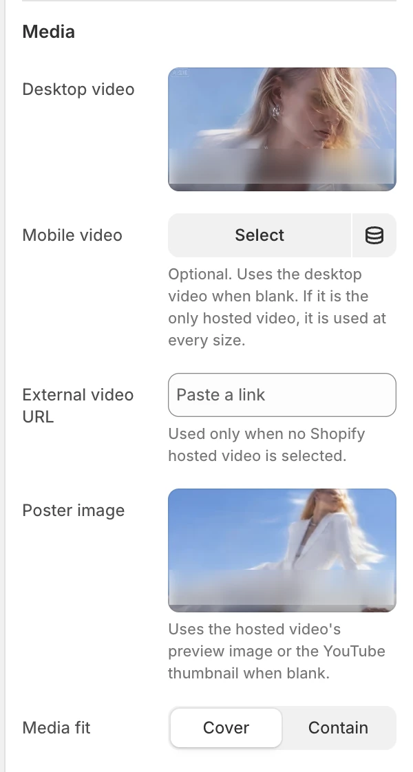 Video Media settings in the Theme Editor: Desktop video, Mobile video, External video URL, Poster image, Media fit.