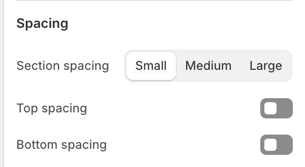 Video Spacing settings in the Theme Editor: Section spacing, Top spacing, Bottom spacing.