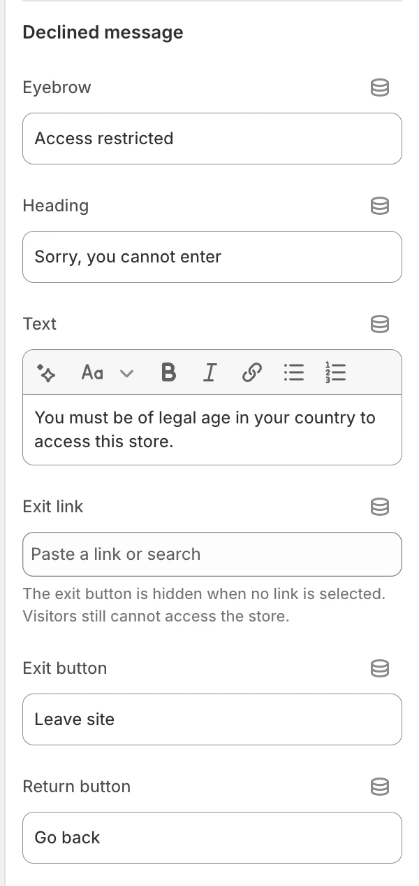 Age verifier Declined message settings in the Theme Editor: Eyebrow, Heading, Text, Exit link, Exit button, Return button.