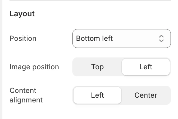 Newsletter popup Layout settings in the Theme Editor: Position, Image position, Content alignment.