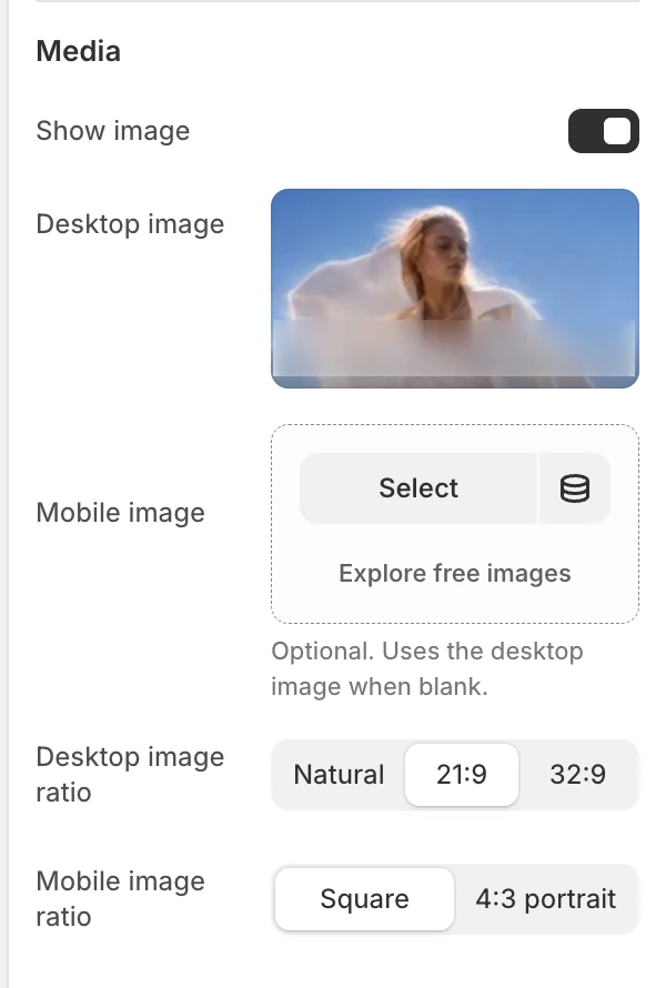 Collection banner Media settings in the Theme Editor: Show image, Desktop image, Mobile image, Desktop image ratio, Mobile image ratio.