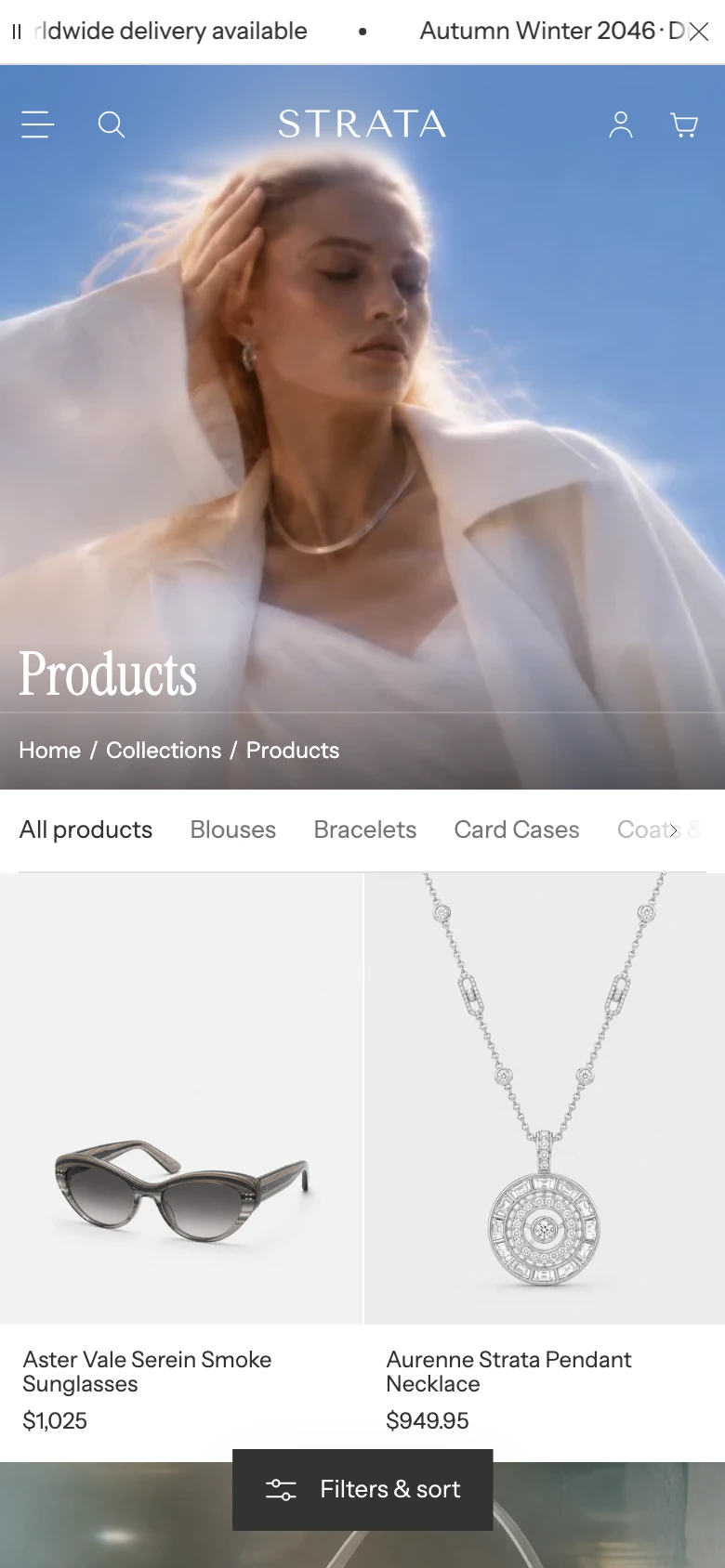 Collection banner on mobile with the title and breadcrumbs over the image and category shortcuts below.