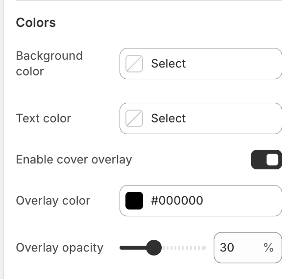 Editorial collection Colors settings in the Theme Editor: Background color, Text color, Enable cover overlay, Overlay color, Overlay opacity.