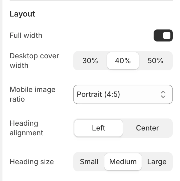 Editorial collection Layout settings in the Theme Editor: Full width, Desktop cover width, Mobile image ratio, Heading alignment, Heading size.