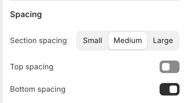 Editorial collection Spacing settings in the Theme Editor: Section spacing, Top spacing, Bottom spacing.